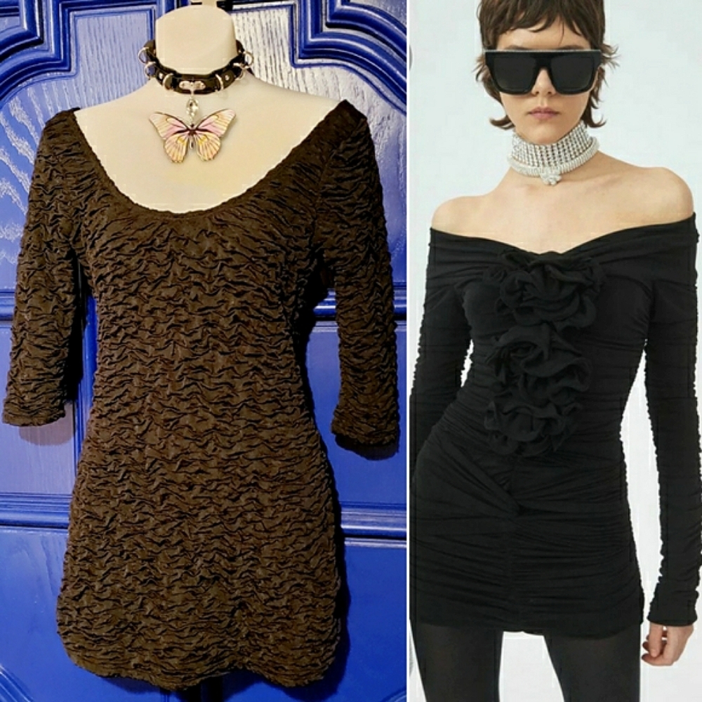 90s Micro Mini Black Rouched Dress Off The Shoulder